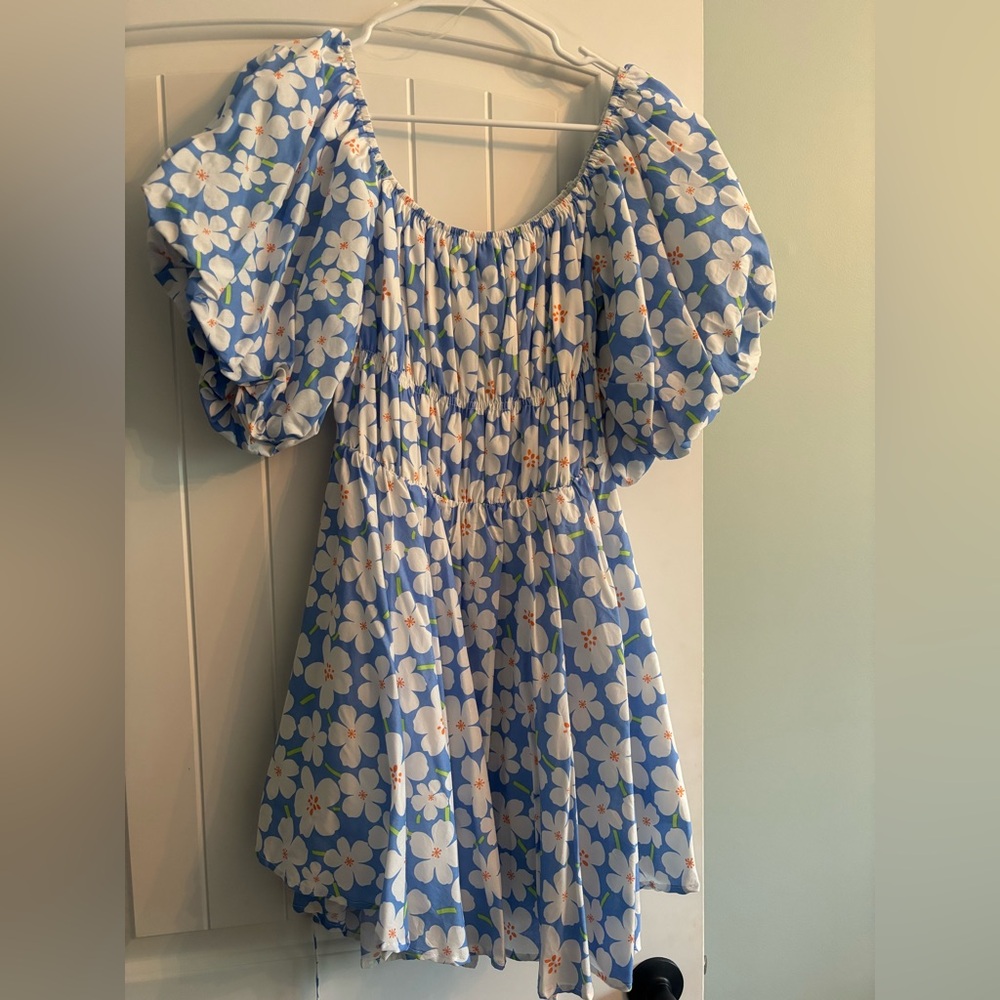 &Merci Blue Floral Puff Sleeve Mini Dress